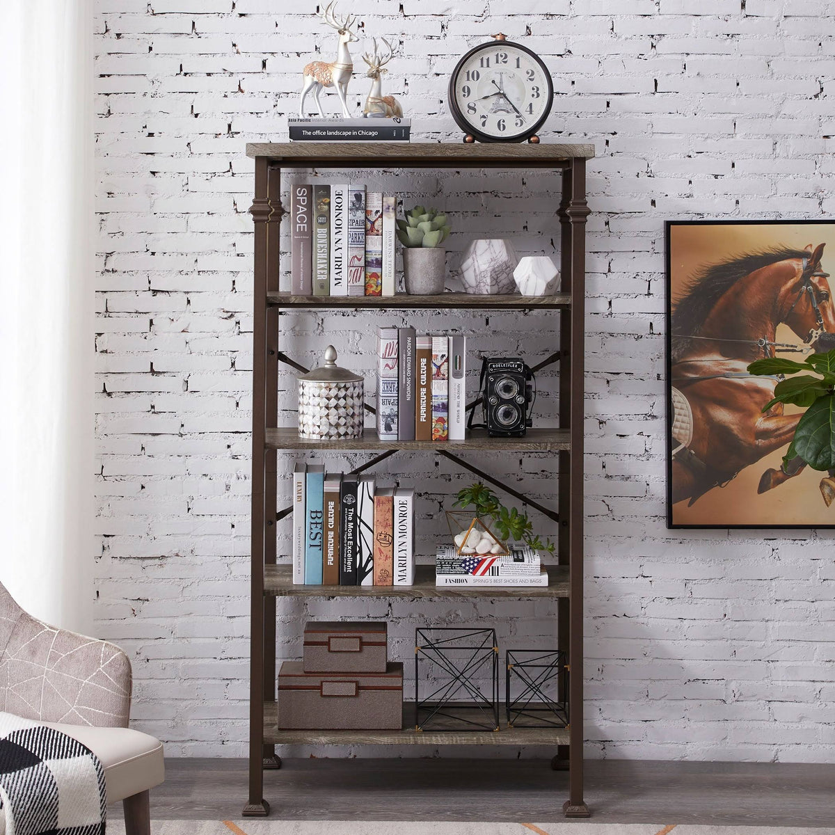 5-Tier Grey Oak Metal Bookshelf F350