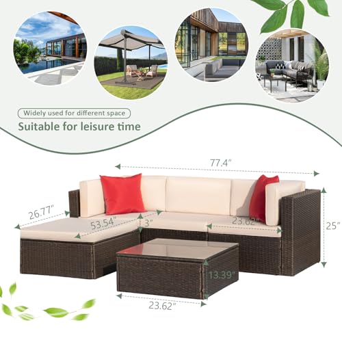 5 Pieces All Weather Wicker Rattan Patio Sofa Set with Cushion and Glass Table D98615