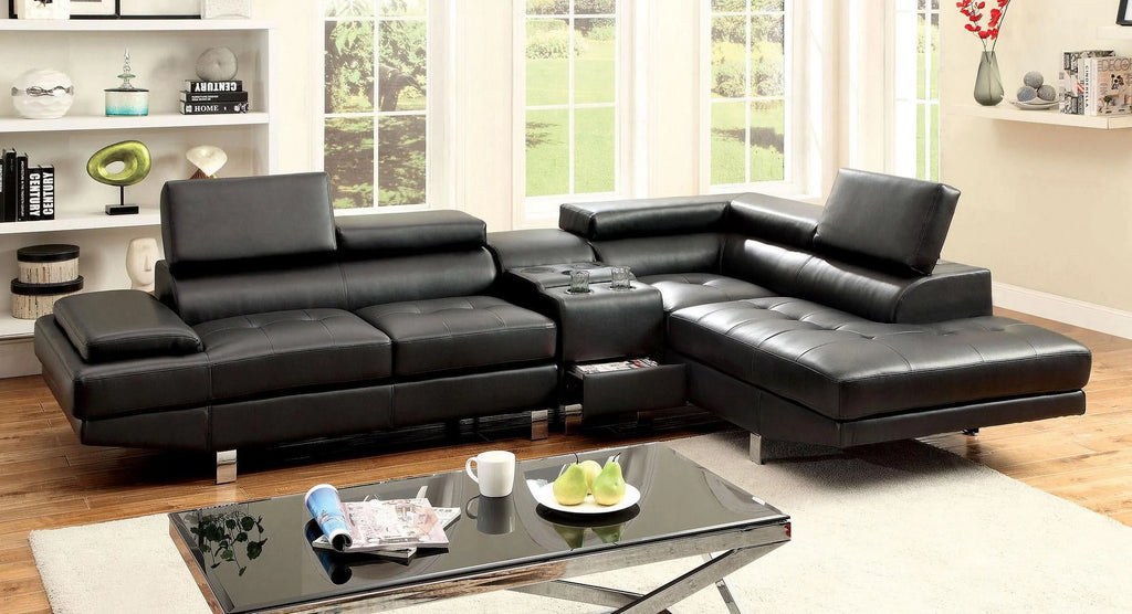 Black Bonded Leather Sectional Sofa and Speaker Console U423268
