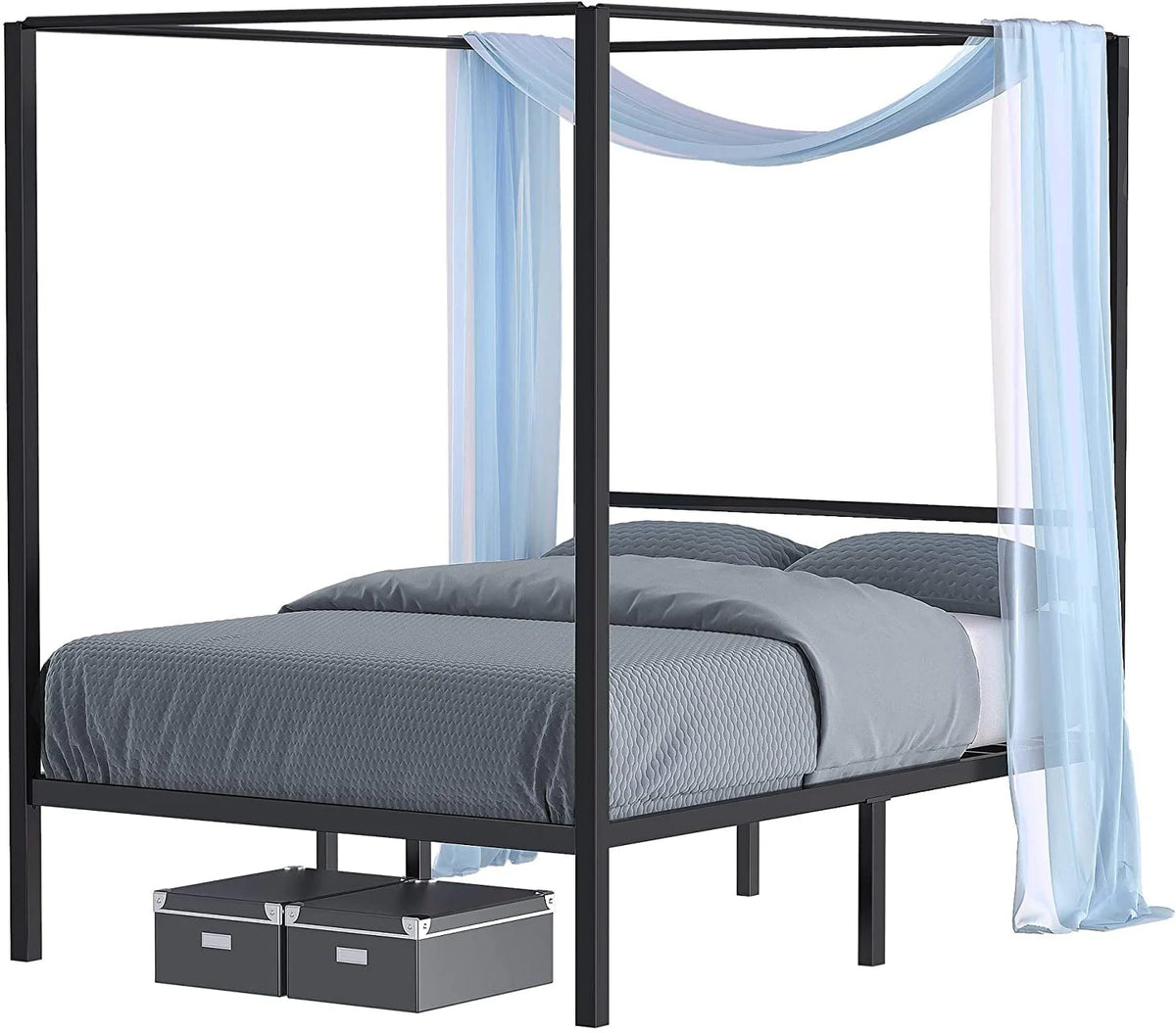 Queen Size Black Metal Canopy Bed Frame with Headboard W1371