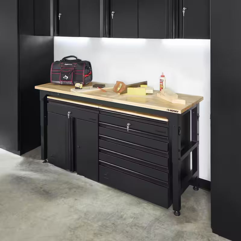 Black Adjustable Height Solid Wood Top Workbench W66632