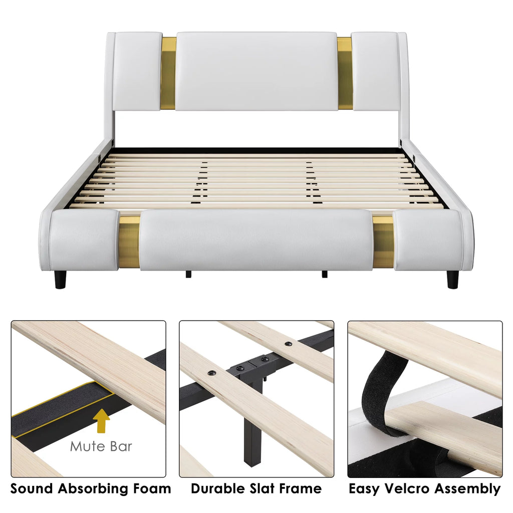 Full Size Leather Upholstered Platform Bed Frame with White Headboard D2334