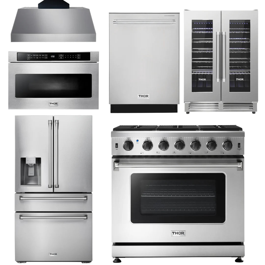 36 Gas Range, Range Hood, Microwave, Refrigerator, Dishwasher, Wine Cooler X67855