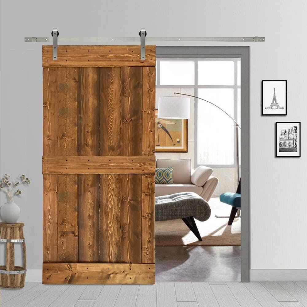 30 in. x 84 in. Solid Walnut Stained Pine Wood Interior Sliding Barn Door with Hardware Kit L15818