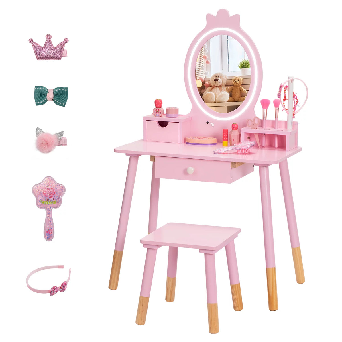 Kids Vanity Set with Mirror, Lights, Stool and Jewelry Rack Z13904