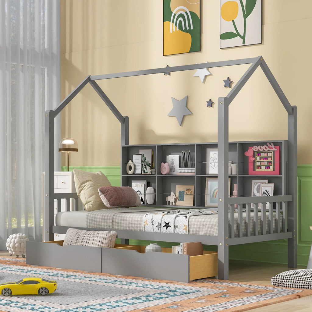 Wooden Twin Size House Bed with 2 Drawers and Storage Shelf J278764