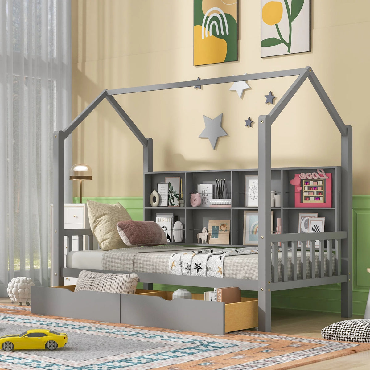 Wooden Twin Size House Bed with 2 Drawers and Storage Shelf J278764