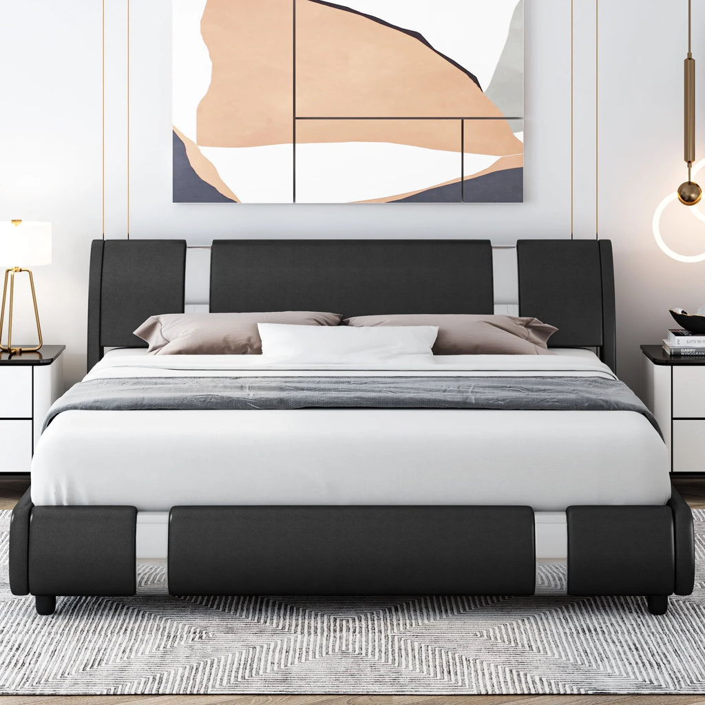 Full Size Leather Upholstered Platform Bed Frame with White Headboard D2334