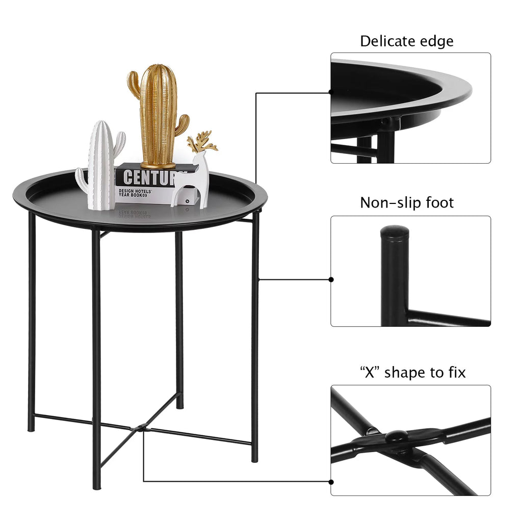Set of 2 Round Folding Metal Side Table with Removable Tray, Black M723