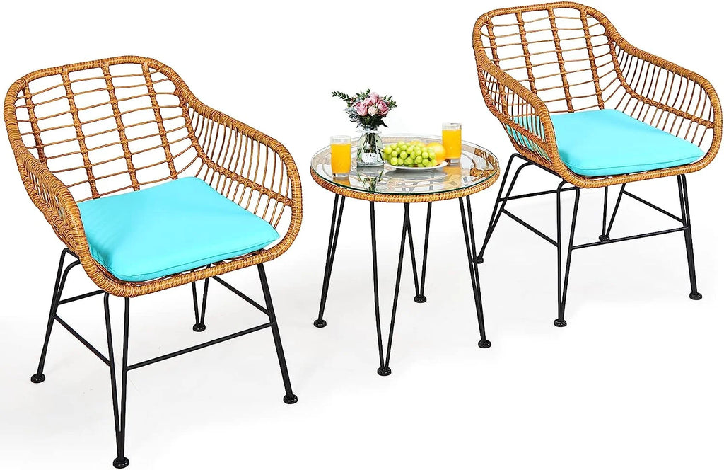 3 Pieces Rattan Patio Bistro Set with Glass Coffee Table J549358
