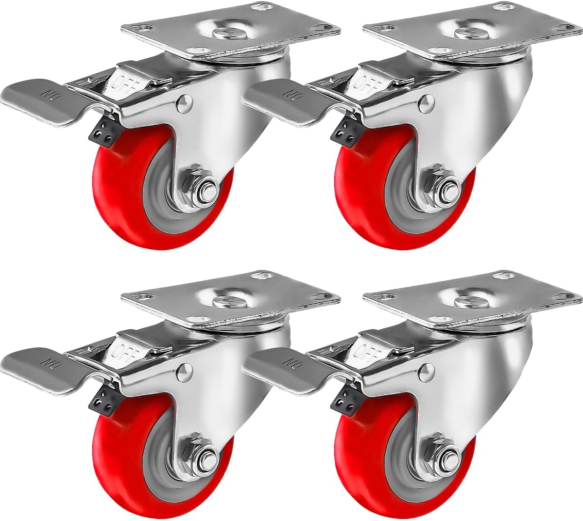 4 Pcs 5 Inch Red Polyurethane Swivel Plate Caster Wheels D8423
