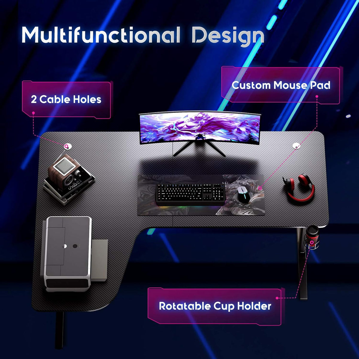L Shaped Gaming Desk with Mouse Pad and Cup Holder D338835