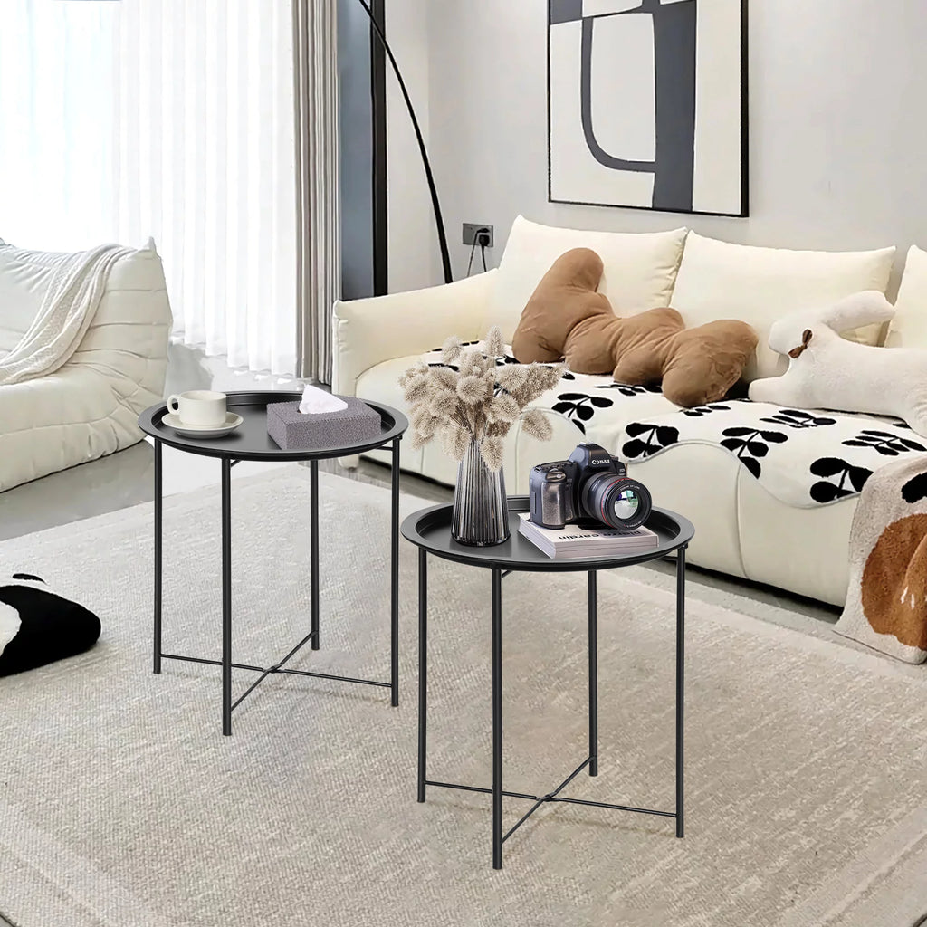 Set of 2 Round Folding Metal Side Table with Removable Tray, Black M723
