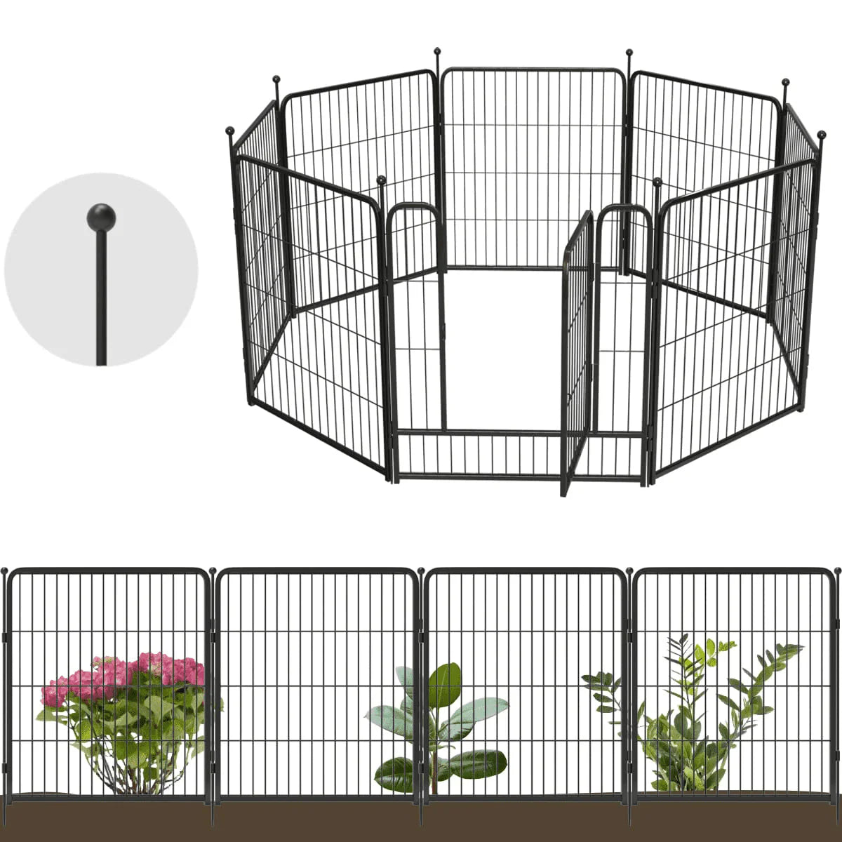 8 Panels Metal Garden Fence with 1 Gate Y603186