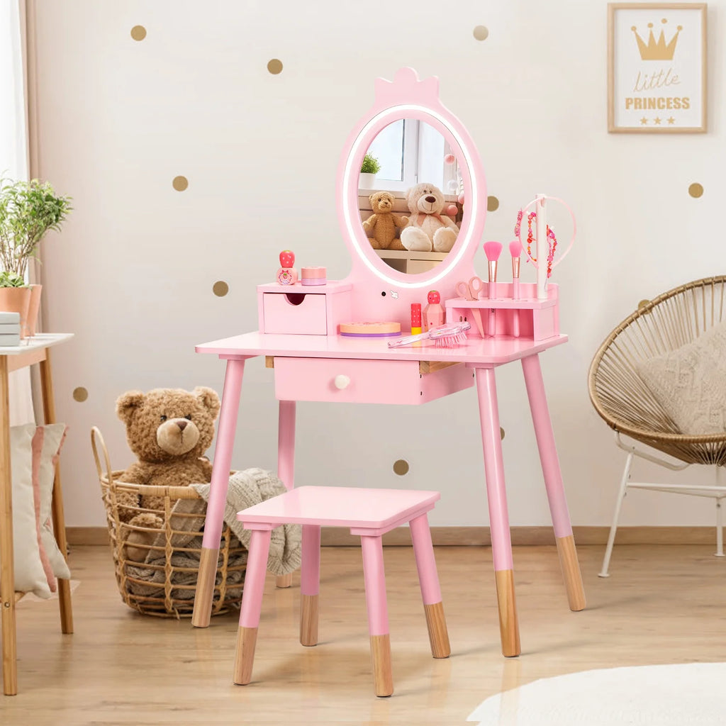 Kids Vanity Set with Mirror, Lights, Stool and Jewelry Rack Z13904