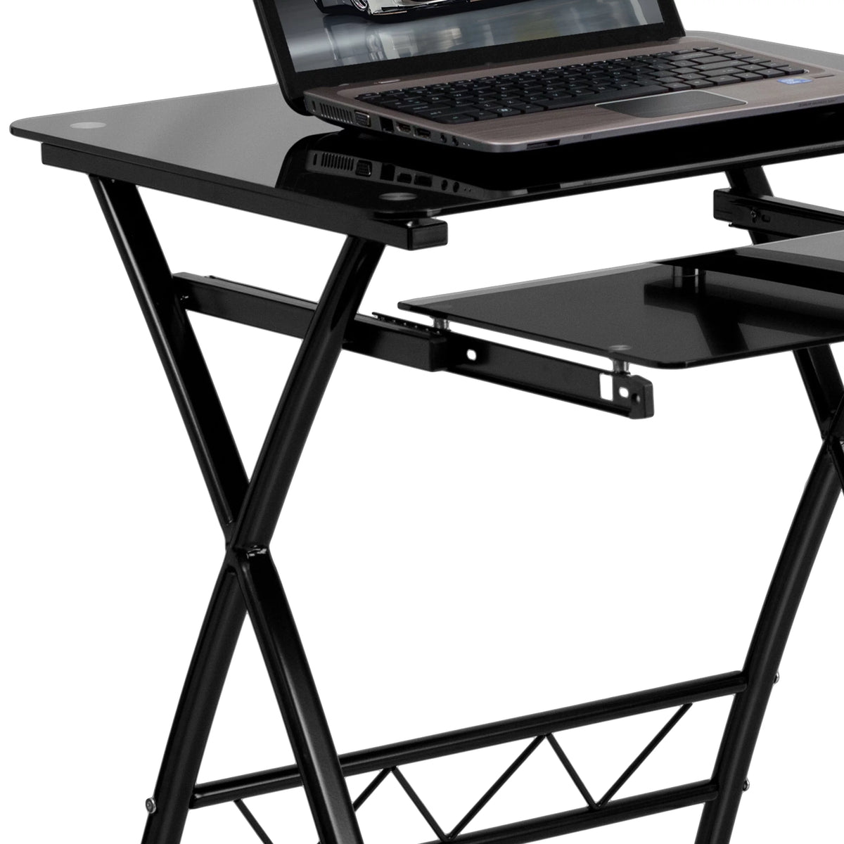 Black Tempered Glass Computer Desk with Keyboard Tray L6240