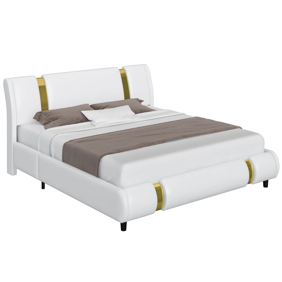 Full Size Leather Upholstered Platform Bed Frame with White Headboard D2334