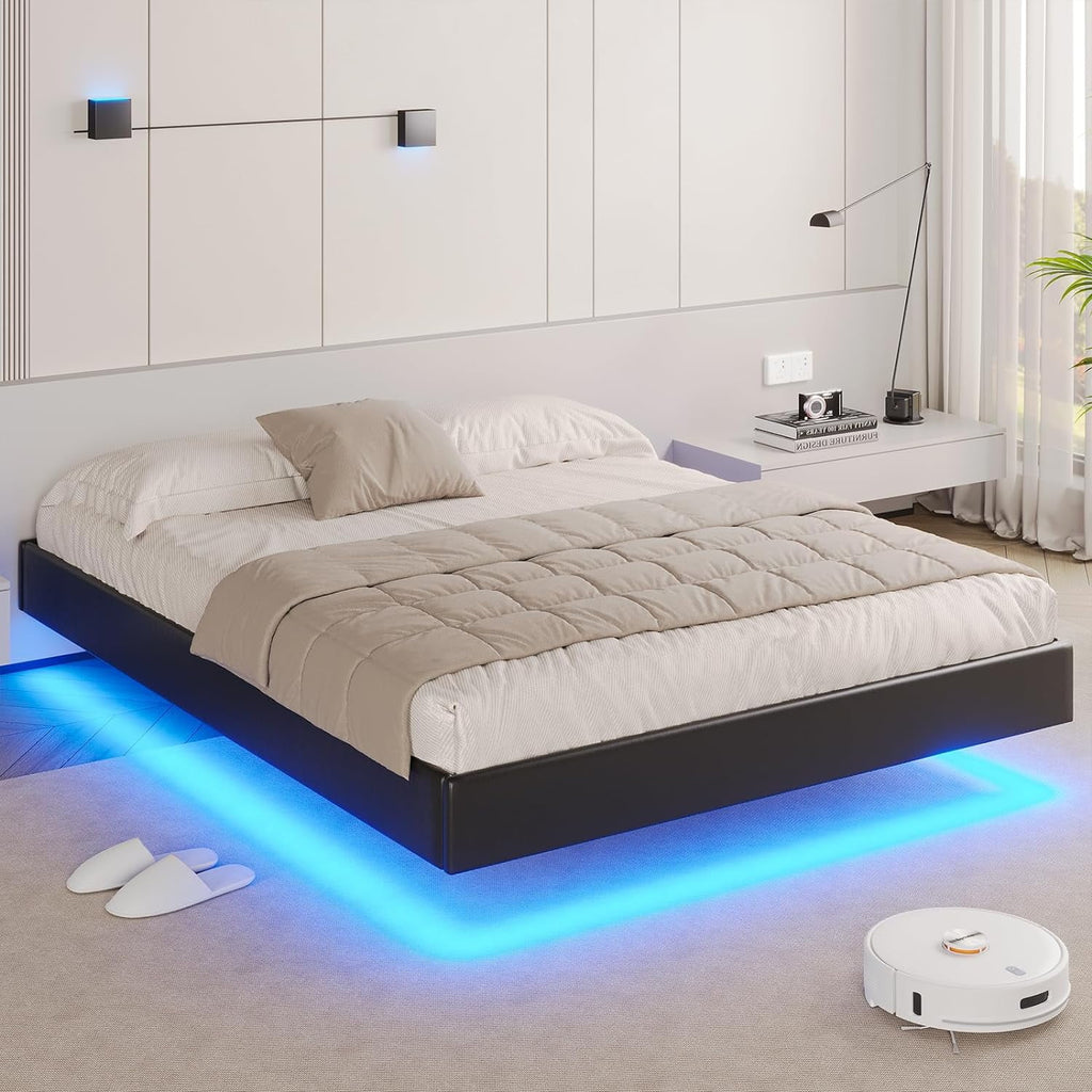 Queen Size Black Faux Leather Upholstered Platform Bed Frame with LED Lights K415