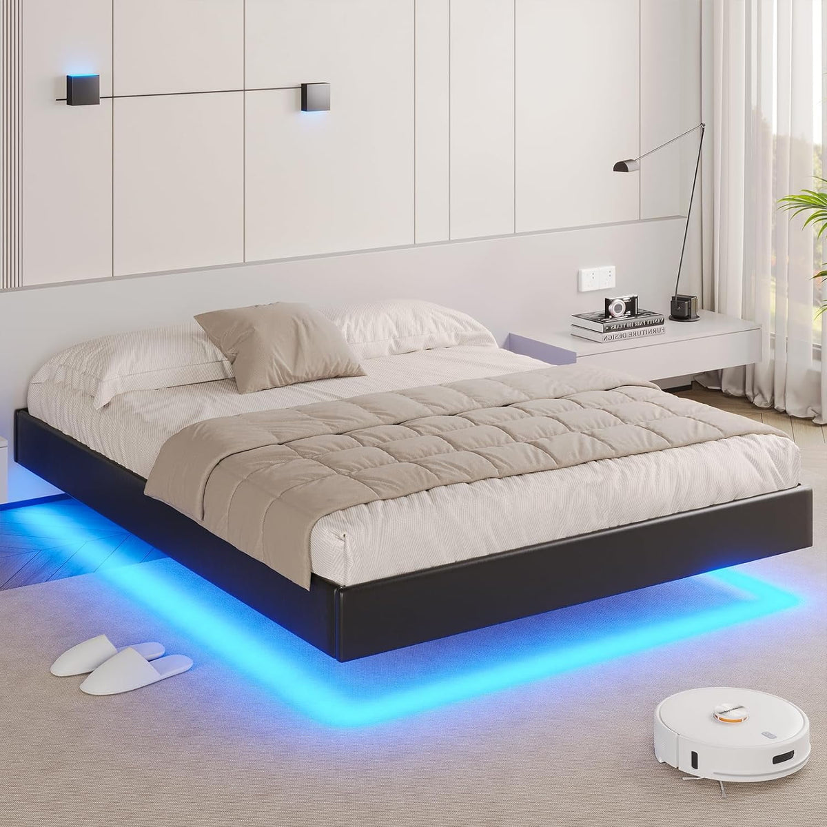 Queen Size Black Faux Leather Upholstered Platform Bed Frame with LED Lights K415