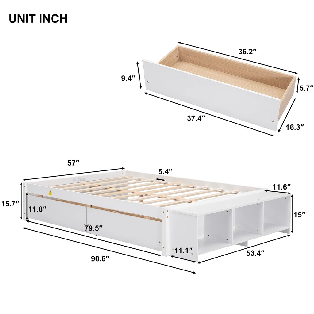 White Full Size Platform Bed with Storage Shelves and Drawer I95274