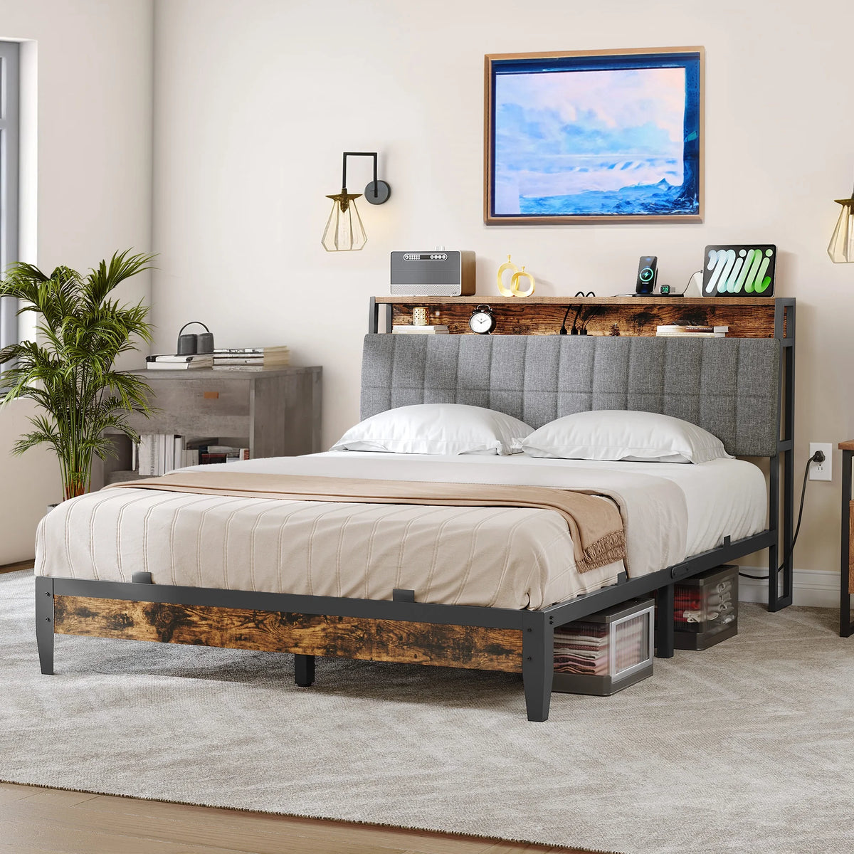 Queen Upholstered Platform Bed Frame with Charging Station J70809