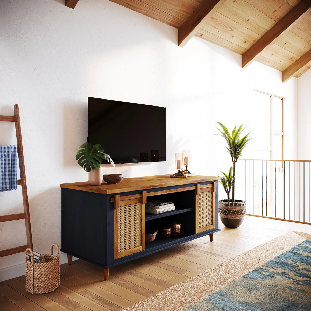Solid Wood TV Stand 2 Sliding Rattan Doors Navy Blue S45300