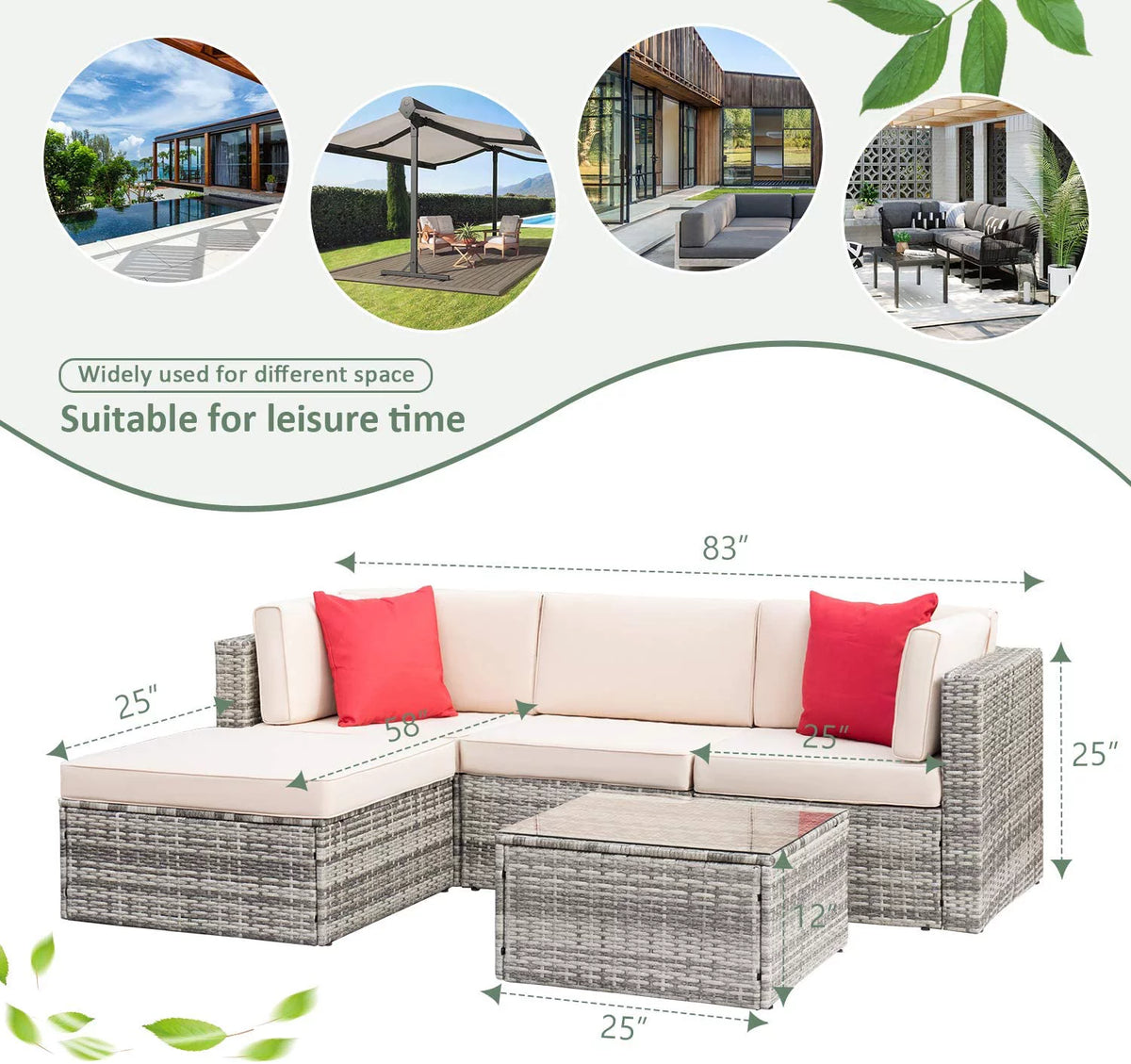 5 Pieces PE Rattan Patio Sectional Sofa Set with Glass Table Gray I58465