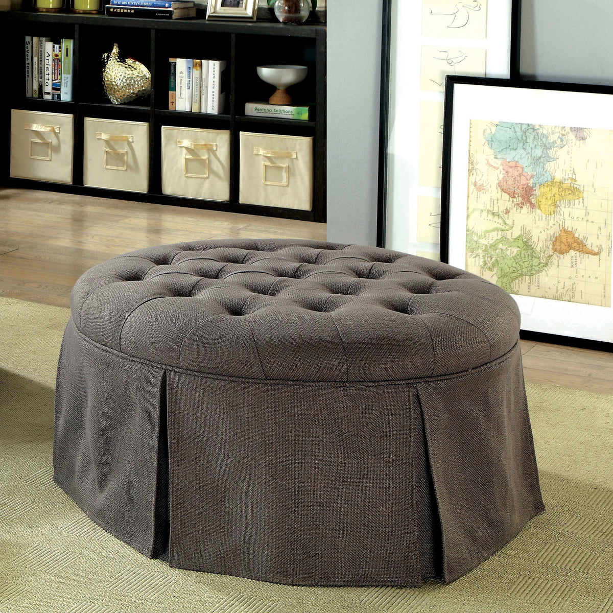 Blue Tufted Round Fabric Ottoman T68829