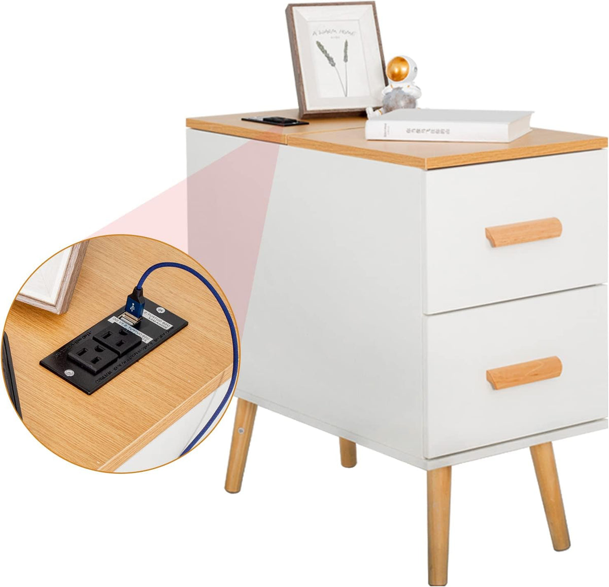 Small Wooden Sofa Side Table with Storage Shelf and 2 Drawers Y18130
