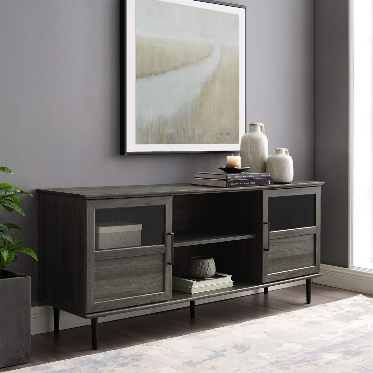 Rustic Oak 58 Inch Wood and Glass TV Stand Q9425