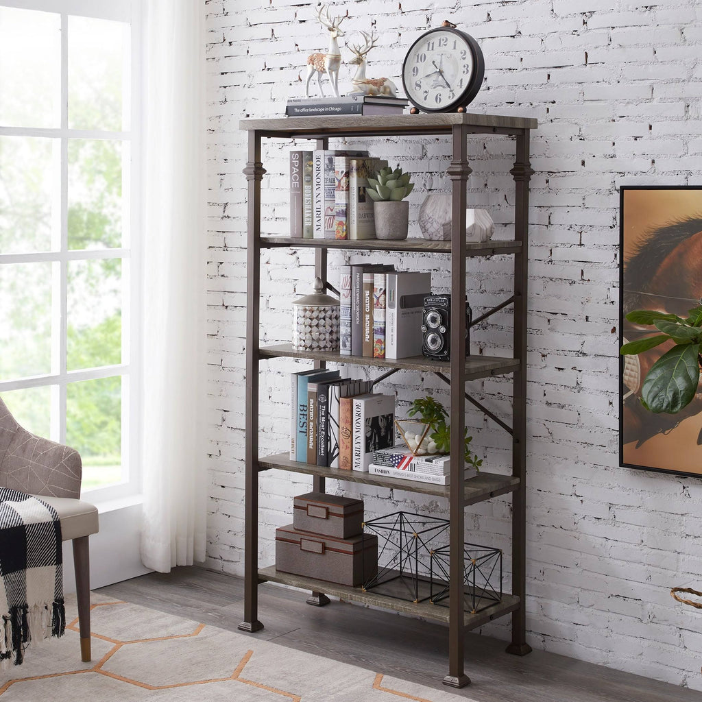 5-Tier Grey Oak Metal Bookshelf F350