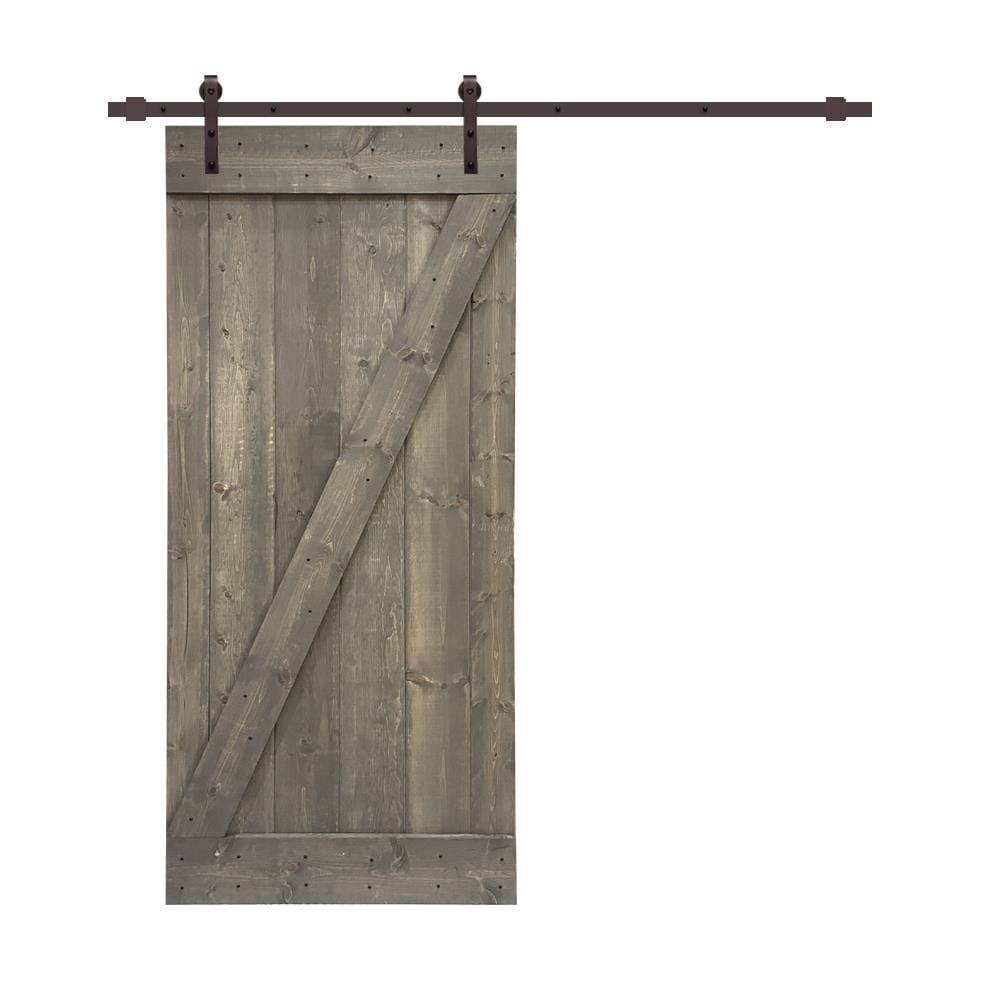 36 in. x 84 in. Weather Gray Stained Solid Pine Wood Interior Sliding Barn Door with Hardware Kit Y747645