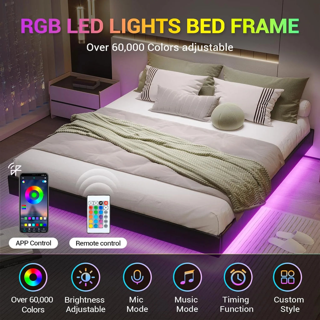 Queen Size Black Faux Leather Upholstered Platform Bed Frame with LED Lights K415