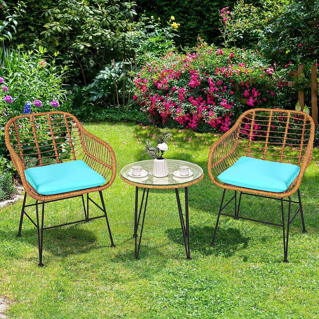 3 Pieces Rattan Patio Bistro Set with Glass Coffee Table J549358