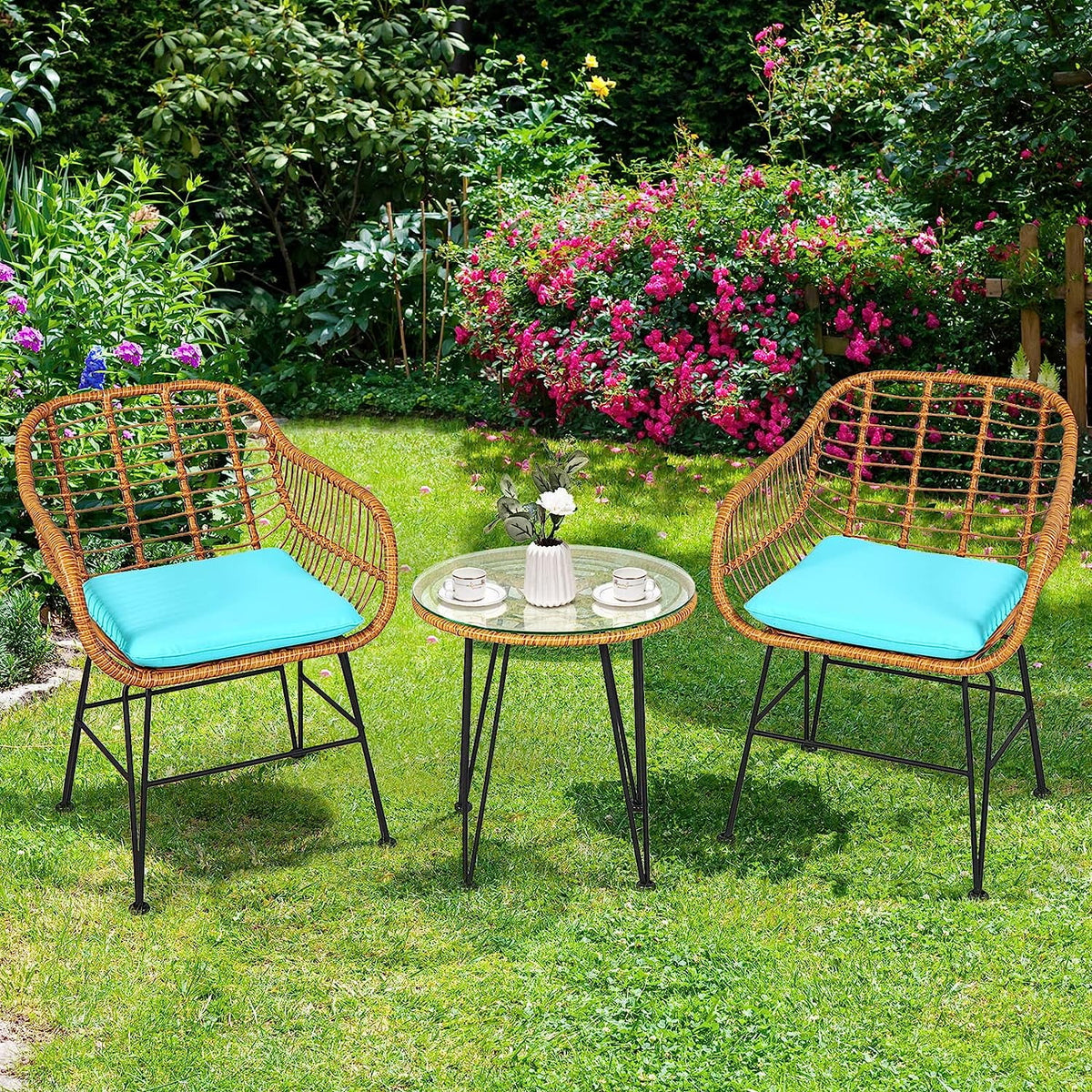 3 Pieces Rattan Patio Bistro Set with Glass Coffee Table J549358