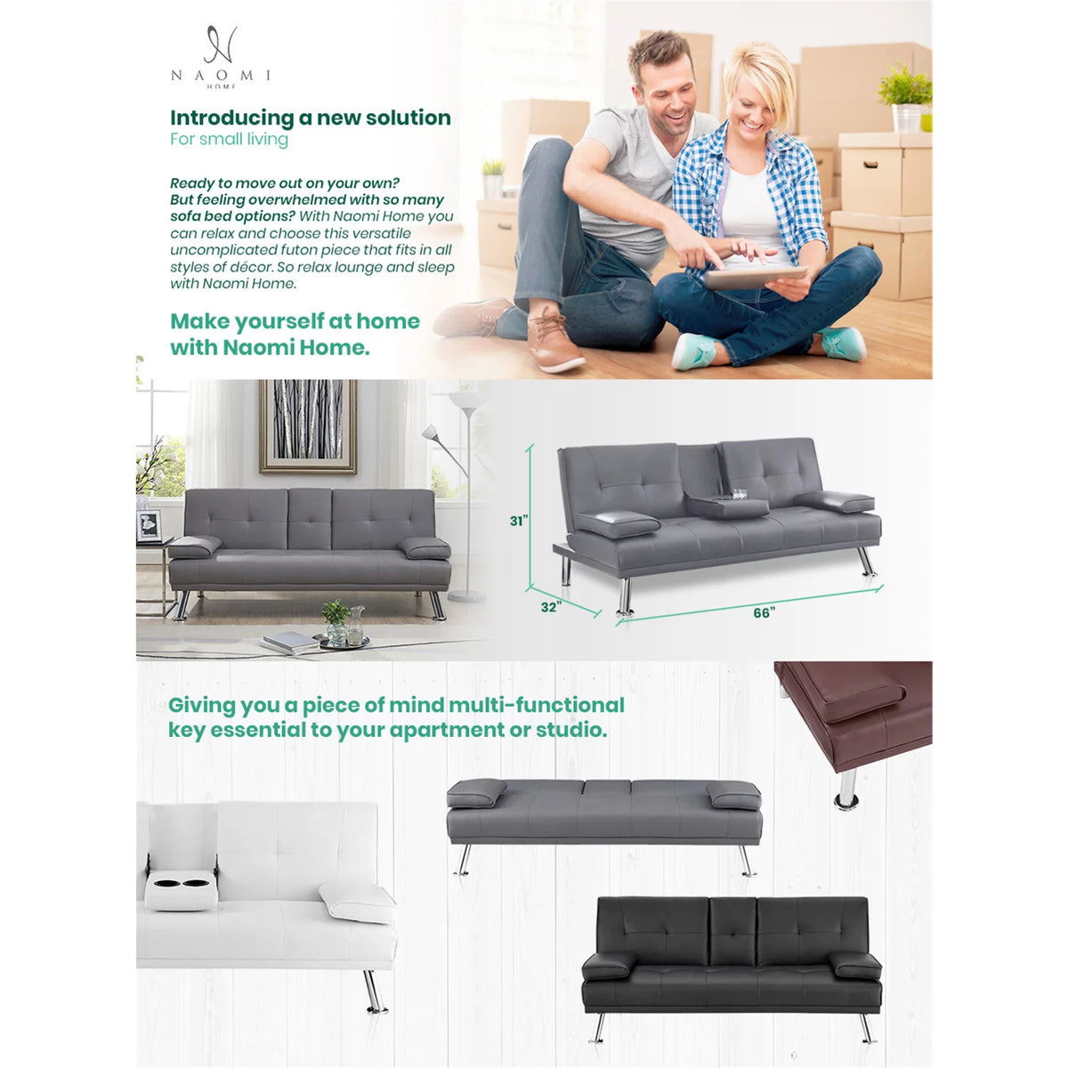 Espresso Futon Sofa with Armrest and Cupholders B6844