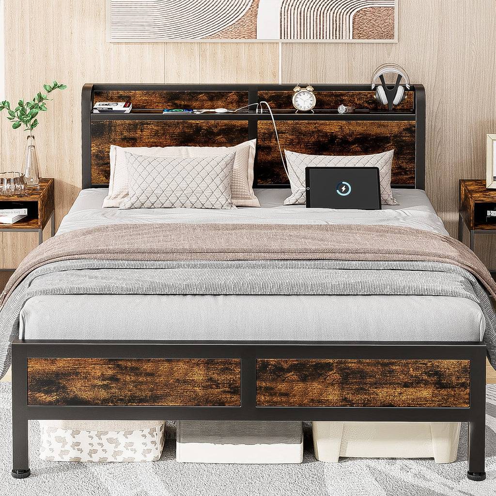 Queen Size Metal Platform Bed Frame with Storage Headboard J2372