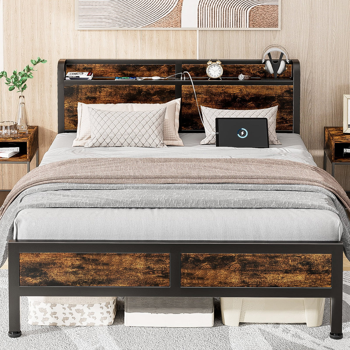 Queen Size Metal Platform Bed Frame with Storage Headboard J2372