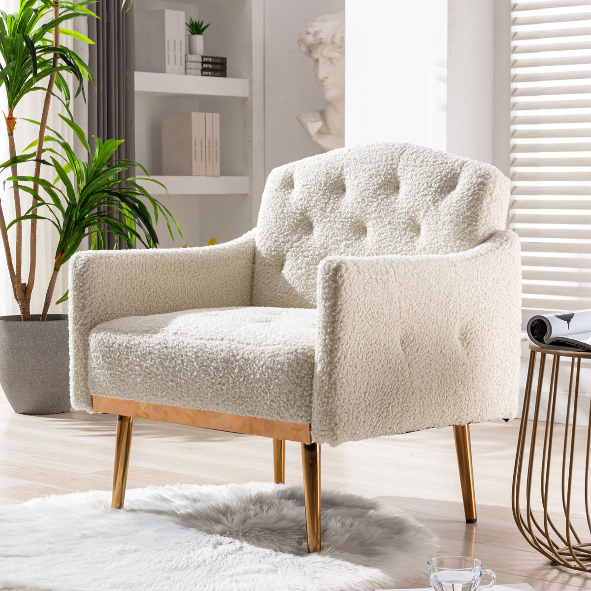 White Tufted Upholstered Accent Chair with Gold Metal Legs U22947
