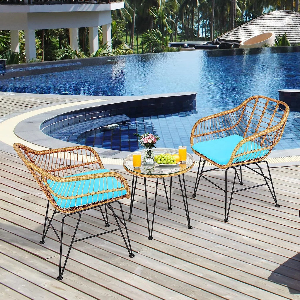 3 Pieces Rattan Patio Bistro Set with Glass Coffee Table J549358