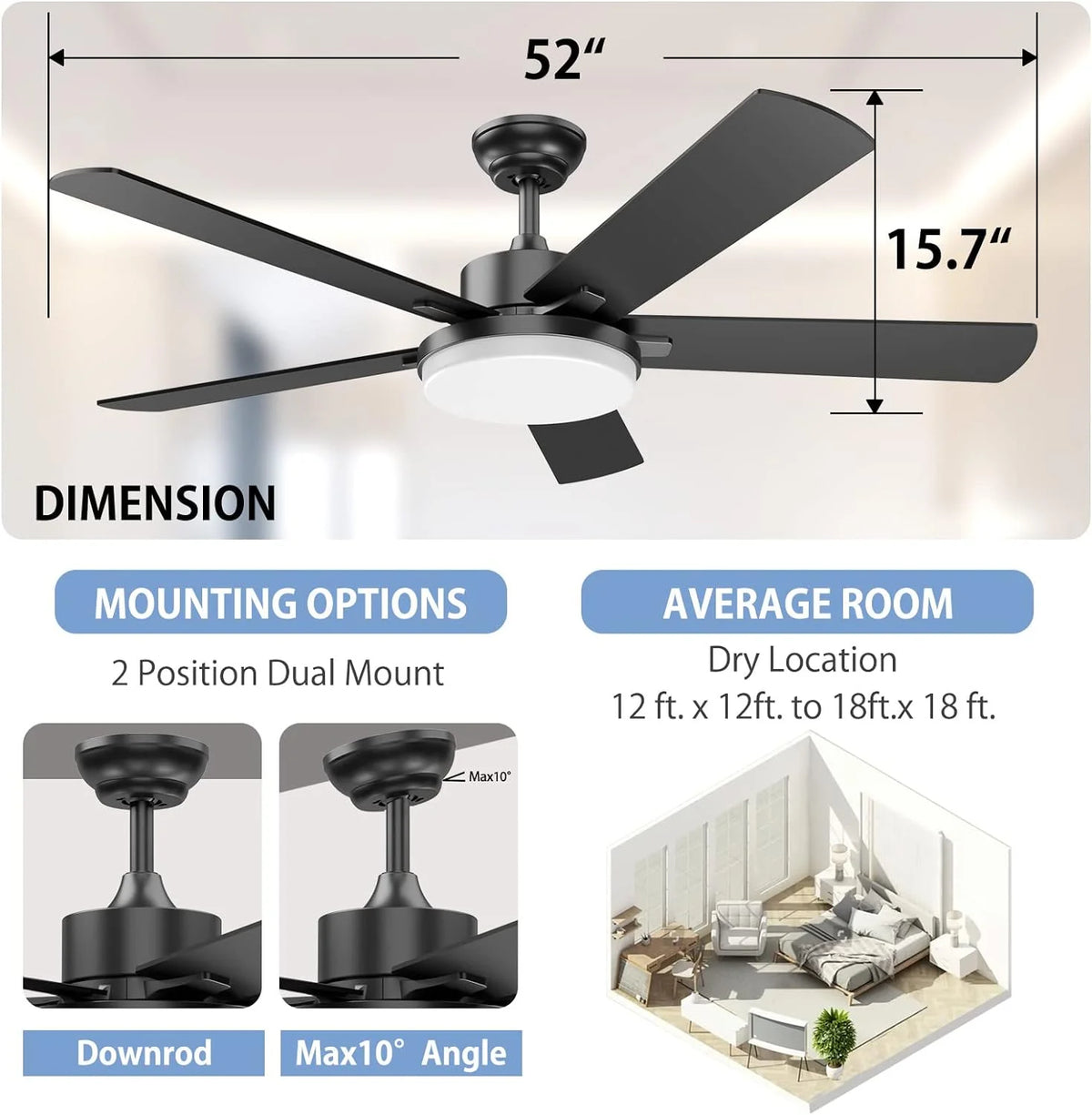 52 Inch White Dimmable Ceiling Fan with Light Y604