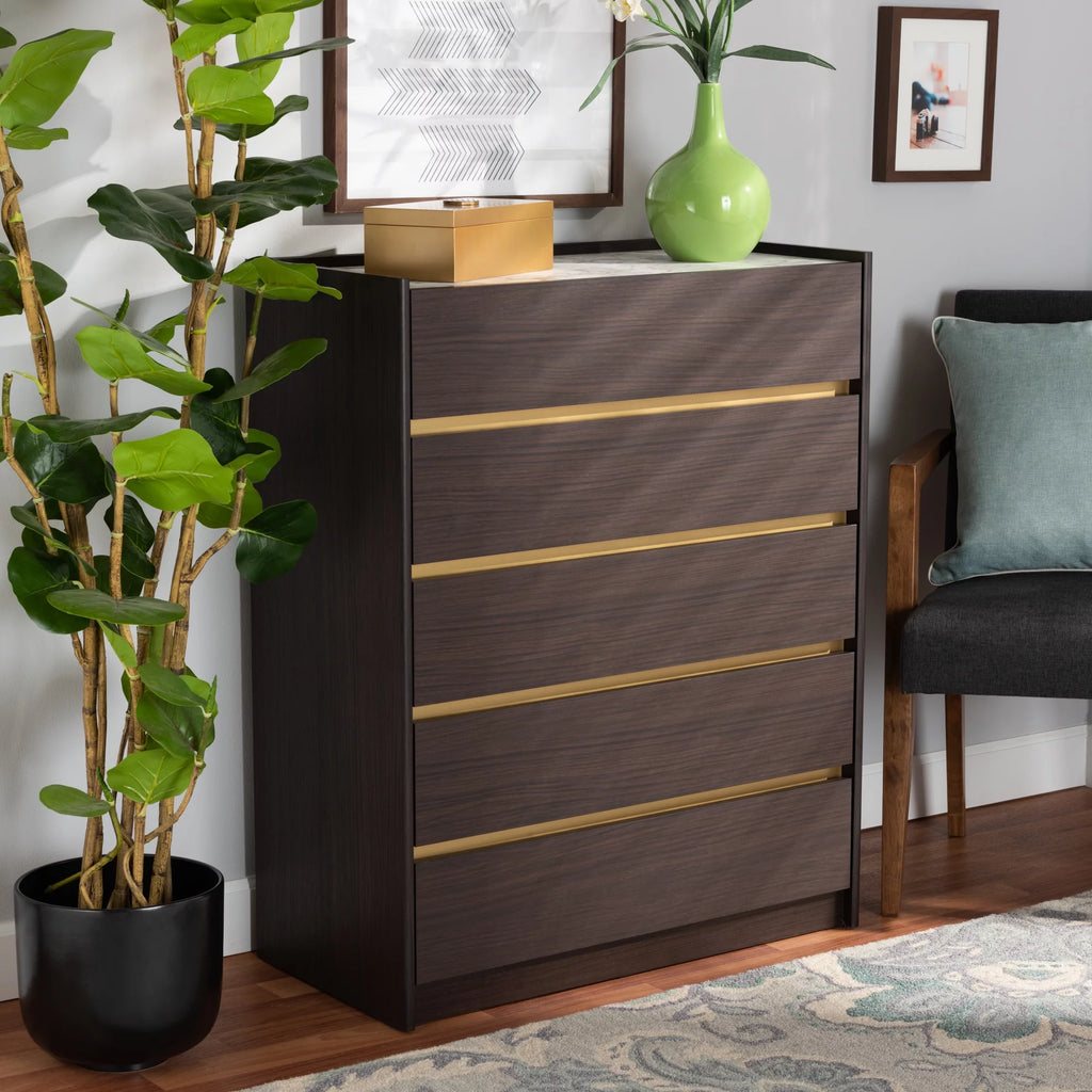 Dark Brown Gold Wood 5-Drawer Chest with Faux Marble Top Y59425