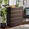 Dark Brown Gold Wood 5-Drawer Chest with Faux Marble Top Y59425