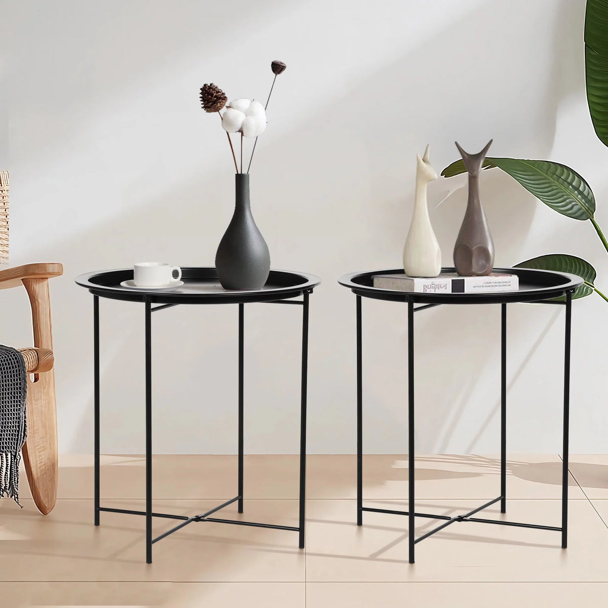 Set of 2 Round Folding Metal Side Table with Removable Tray, Black M723
