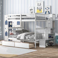 White Wooden Bunk Bed with Stairs and 6 Storage Drawers D2264