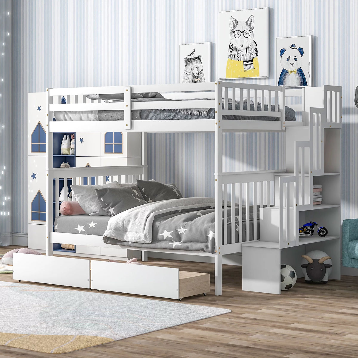 White Wooden Bunk Bed with Stairs and 6 Storage Drawers D2264