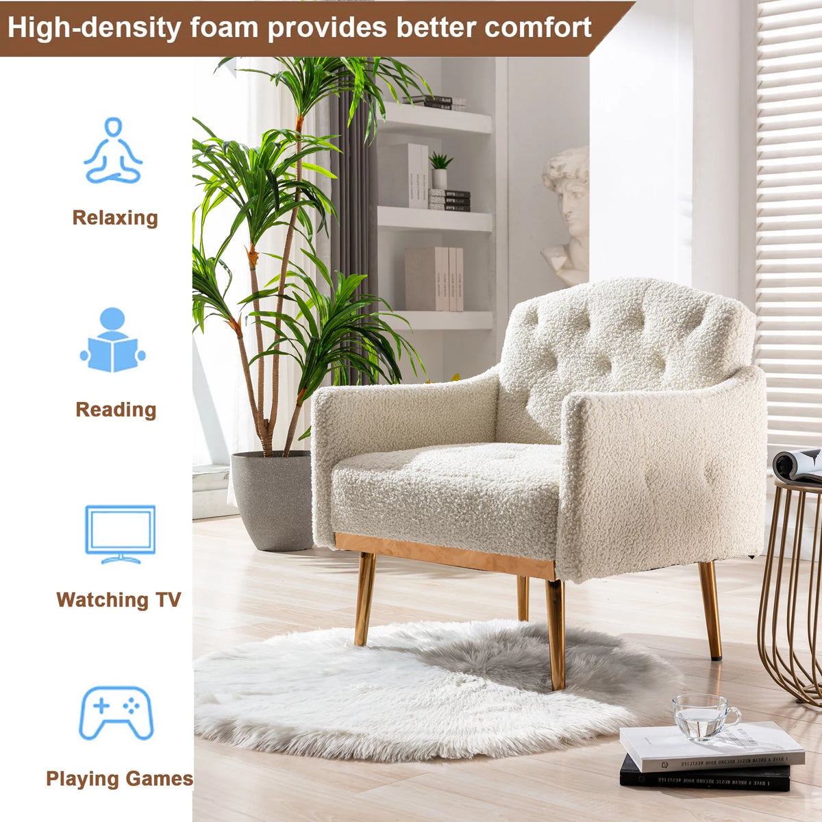 White Tufted Upholstered Accent Chair with Gold Metal Legs U22947