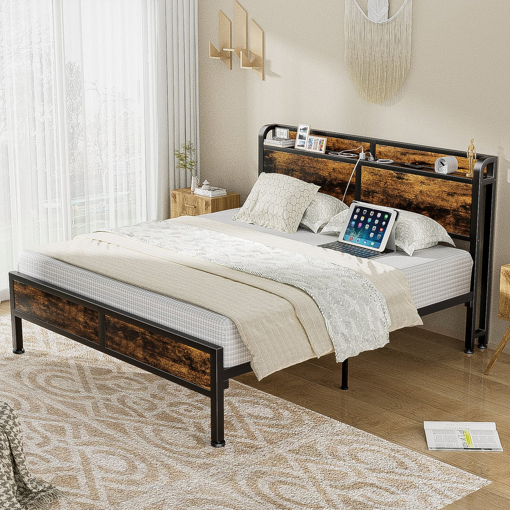 Queen Size Metal Platform Bed Frame with Storage Headboard J2372
