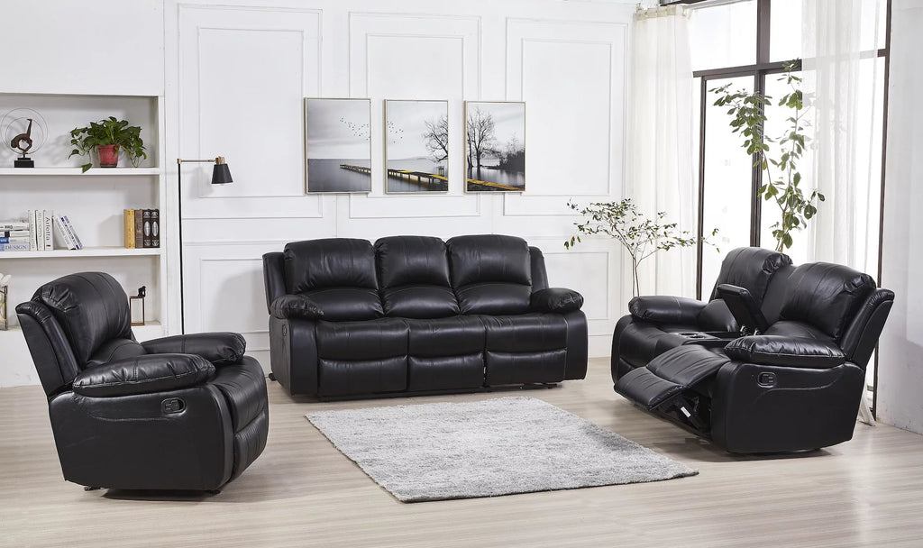 Black Bonded Leather Reclining Sofa 3 Piece Set E312