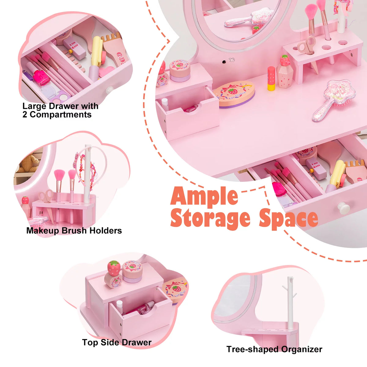 Kids Vanity Set with Mirror, Lights, Stool and Jewelry Rack Z13904